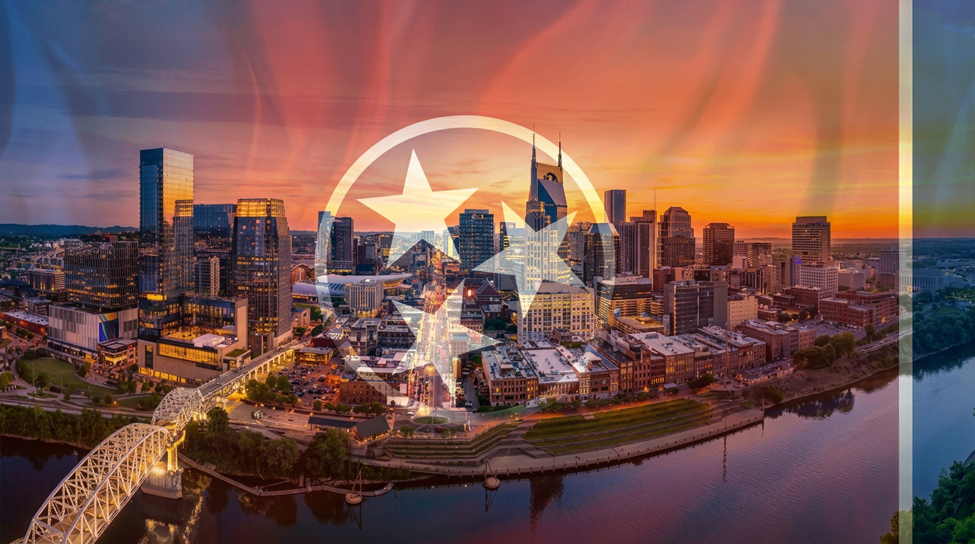 Nashville skyline with Tennessee flag overlay