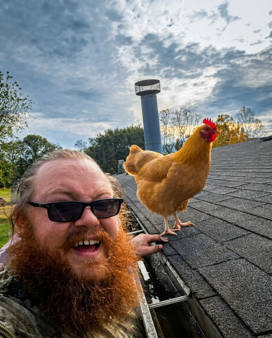 Josh Tice smiling on a roof next to a chicken